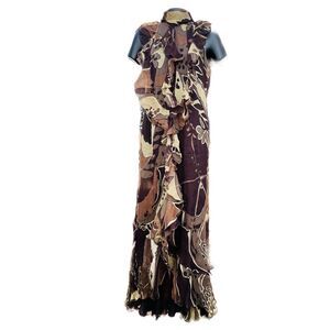 Escada Green and Brown Fauna Print Plisse Silk Ruffled Halter Maxi Dress 38 US 8